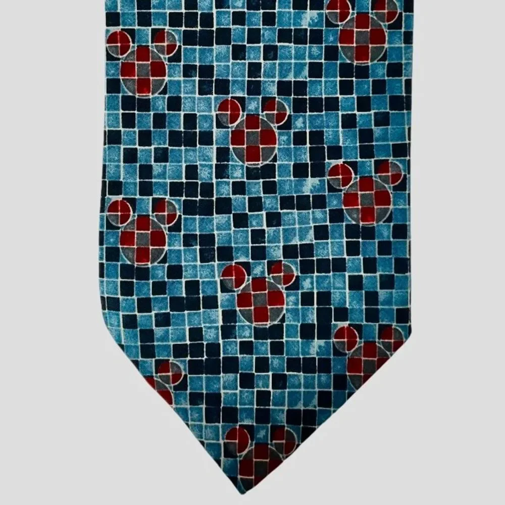 Disney Mickey Mouse Mosaic Pattern Tie in Turquoise Blue and Burgundy
